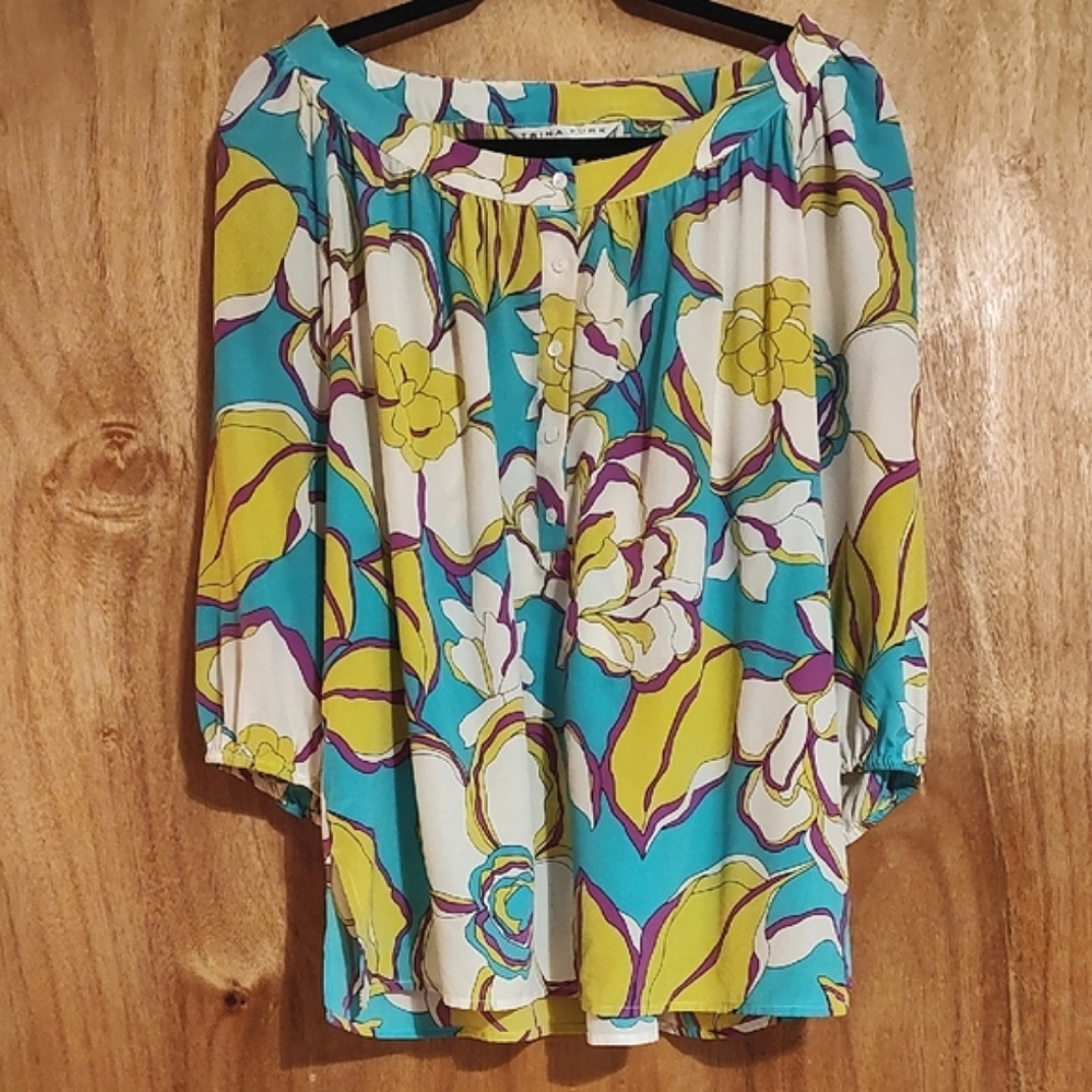 Trina Turk Lysandra Silk Floral Poet Blouse Aqua Purple Boho Size XL (See Meas.)
